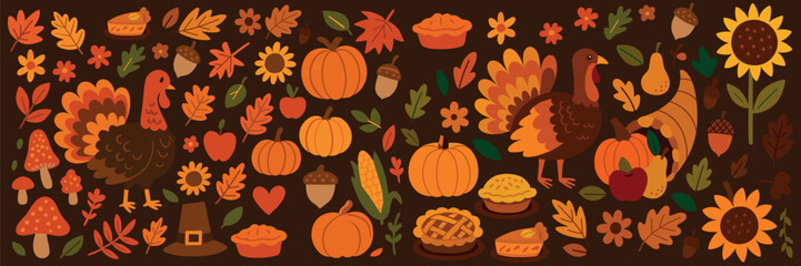 Vintage Thanksgiving Dinner Illustrations – Retro Holiday Icons of Turkey, Pumpkin, Pie, and Autumn Harvest
