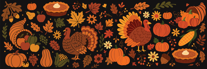 Vintage Thanksgiving Dinner Illustrations – Retro Holiday Icons of Turkey, Pumpkin, Pie, and Autumn Harvest