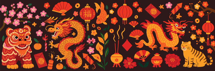 Chinese New Year Illustrations – Retro Holiday Icons of Dragons, Lanterns, Fireworks, and Celebration