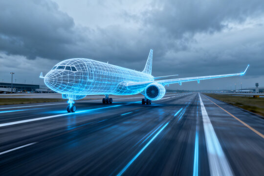 Holographic airplane on runway with digital grid overlay and motion blur effect - Powered by Adobe