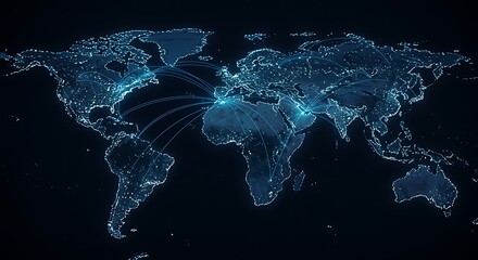 Global network connections visualized on world map with bright nodes