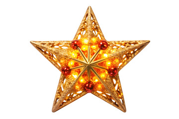 Fototapeta premium Illuminated Golden Star Christmas Tree Topper with Red Baubles Christmas star isolated on a transparent background