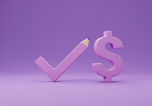 Financial Approval and Budget Planning Concept with Check Mark Pencil and Dollar Sign in Lilac Setting
