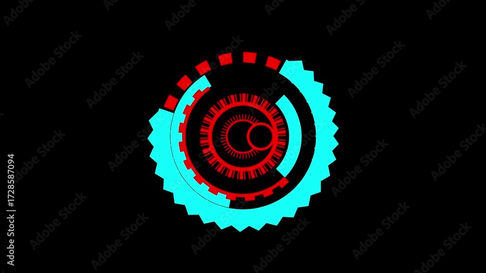 Poster animated tech h u d circular rotation. red cyan black design element seamless loop motion graphics b