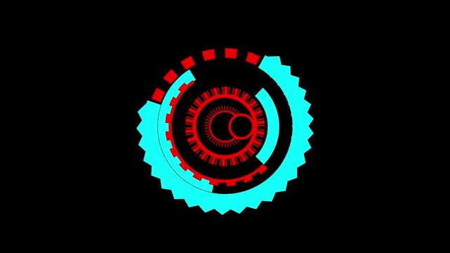 Animated tech h u d circular rotation. Red cyan black design element seamless loop motion graphics background perfect for sci fi cyberpunk technology user interface overlay broadcast v f x.