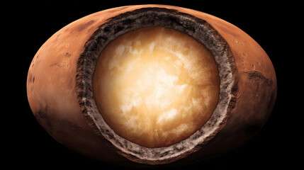 mars. A cross-section visual of Mars revealing its glowing, solid metallic core at the center. STEM education sheets, lab safety posters, designed for biotech research communications.