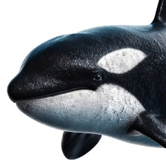Png of closeup of a majestic orcas head, showcasing its distinctive black and white markings isolated on transparent background