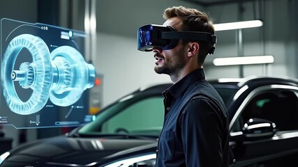Engineer using virtual reality headset to analyze car engine. Technology and Industry Related Concept. - Powered by Adobe