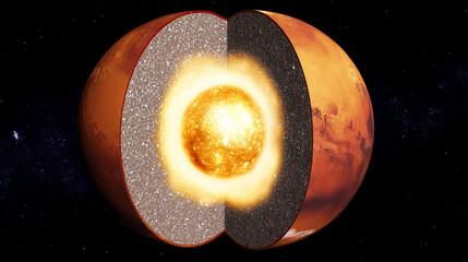 mars. A cross-section visual of Mars revealing its glowing, solid metallic core at the center. STEM education sheets, lab safety posters, designed for biotech research communications.