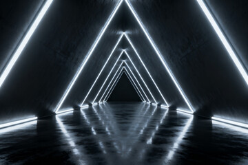 Neon-lit triangular tunnel with reflective floor in a futuristic corridor