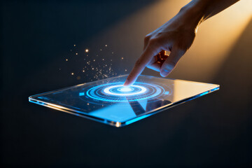 Hand interacting with a futuristic transparent touchscreen displaying glowing circular interface elements.