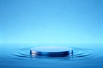 Circular platform floating on water surface with ripple effect against blue background