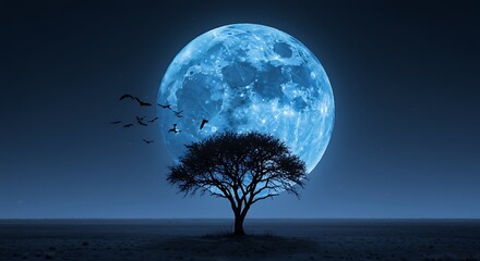 Silhouette of a tree with birds flying in front of a large blue moon