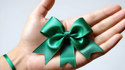 Emerald Green (Jade) ribbon awareness color for Liver Cancer and Hepatitis B - HVB month (bow isolated on background on hand)