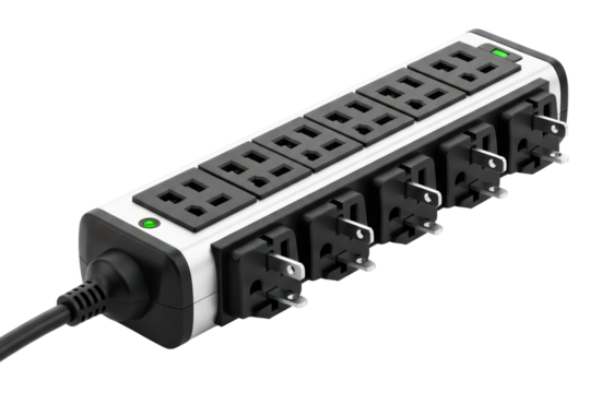Modern power strip surge protector with multiple electrical outlets on a transparent background
