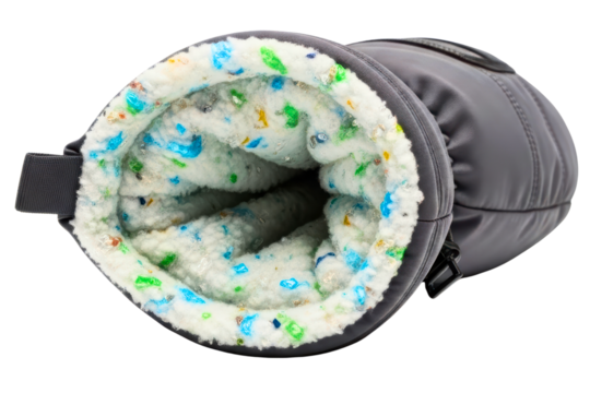 Close-up of a winter glove with recycled colorful insulation on a transparent background