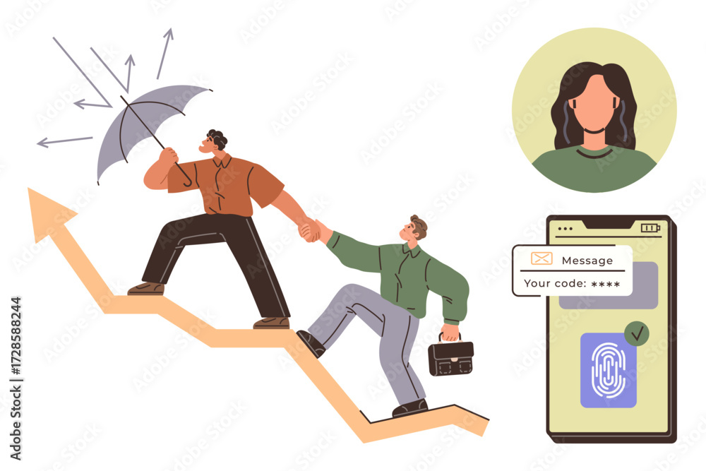 Aufkleber two individuals navigate challenges with teamwork and resilience, using an umbrella for protection. 