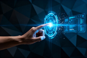 Hand interacting with a futuristic holographic interface emitting blue light against a dark geometric background