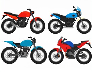 Obraz premium Collection of diverse flat vector motorcycle illustrations, showcasing various models and vibrant colors suitable for design projects and transportation themes