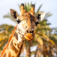 Close-up of a giraffe's head and neck.  Palm trees in the background