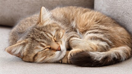 upholstery. Adorable tabby cat curled up on neutral-toned fabric, bathed in soft window light. wildlife magazines, conservation campaigns, designed for eco-tourism storytelling.