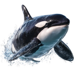 Png of orca leaping out of the water isolated on transparent background, showcasing its power and agility in the ocean