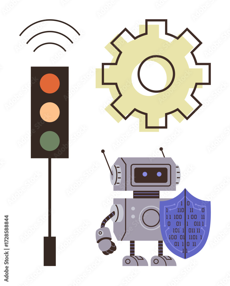 Poster robot holding data shield with traffic light and gear symbolizing cybersecurity, artificial intellig