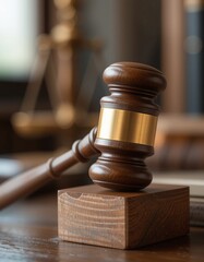 Closeup of a Gavel on Wooden Block in Courtroom Setting, Legal Justice Concept Photography