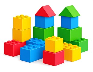 Colorful plastic building blocks arranged on a white background