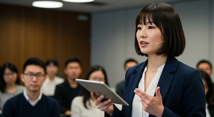 Confident presenter shares ideas with audience using tablet