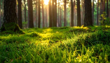 Golden sunlight filters through a pine forest