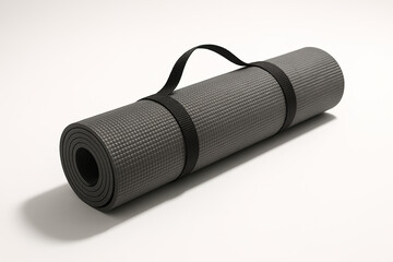Rolled Gray Yoga Mat with Black Carrying Strap on White Surface
