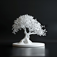 White Tree Sculpture on Black, Minimalist 3D Render, Contemporary Art