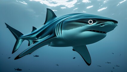 Fototapeta premium Full-body lanternshark juvenile in dim glow profile with eye ring and fins, isolated on white