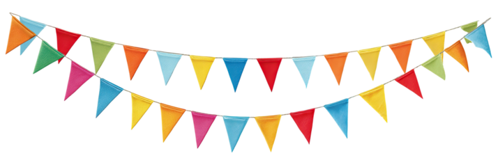 Colorful triangular pennants strung in a double row