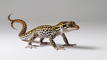 Naklejka premium Full-body leopard gecko walking with tail curved and eyes alert, isolated on white