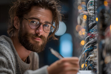 collage photo of professional it specialist using device writing code computer network maintenance