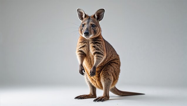 Full-body long-nosed potoroo in standing stance with front paws close, isolated on white