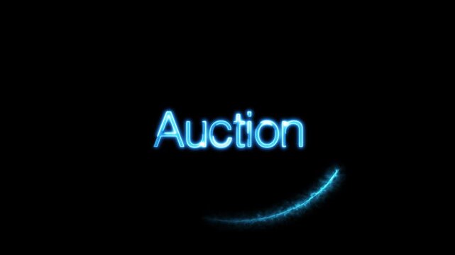 Blue neon glowing auction text animation electric energy light flash sale bidding 4k hd. Animated blue neon auction text sequence motion graphics promo opener 4k ultra hd.