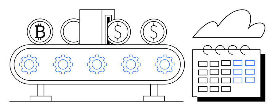Conveyor belt moves currency icons, gears emphasize automation, calendar suggests scheduling. Ideal for finance, automation, productivity, analytics, cryptocurrency planning digital economy. Clean