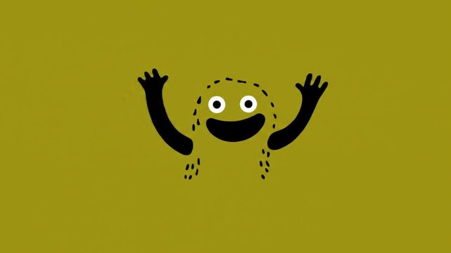 Simple, happy cartoon character with arms raised, on a muted mustard yellow background