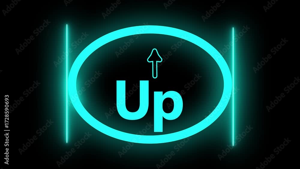 Poster animated neon up arrow teal circle glowing lines abstract background progress concept. teal neon up 