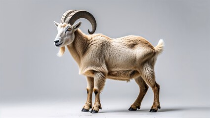 Full-body mountain goat standing with curled horns and hooves shown, white background