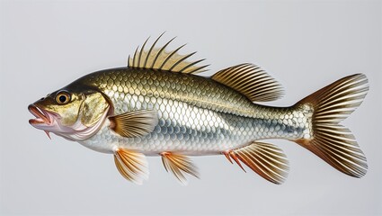 Obraz premium Full-body Nile perch swimming laterally with silver scales and fins wide, isolated on white