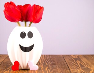 Red tulips in a white vase with a happy face
