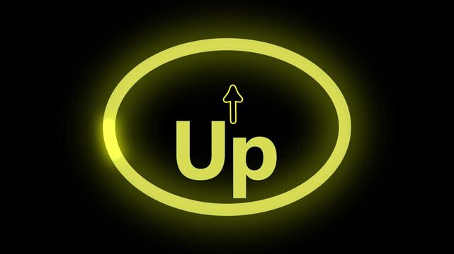 Animated neon up arrow circle glowing yellow progress ascent growth modern design 4k hd. Neon up arrow animation glowing yellow circle progress success modern design 4k ultra hd.