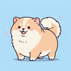 Naklejka premium A cute and chubby cartoon Pomeranian dog smiling happily with a fluffy tail on a blue background.