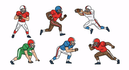 A dynamic collection of diverse cartoon American football players in various action poses, showcasing different team uniforms and essential game equipment.