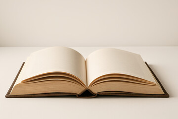 Open book with blank pages, inviting possibilities on neutral colored table.