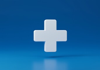 Fototapeta premium White Plus Sign 3D Render Isolated on Blue Background Symbolizing Addition Medical Care and Positive Concepts for Design Projects and Visualizations